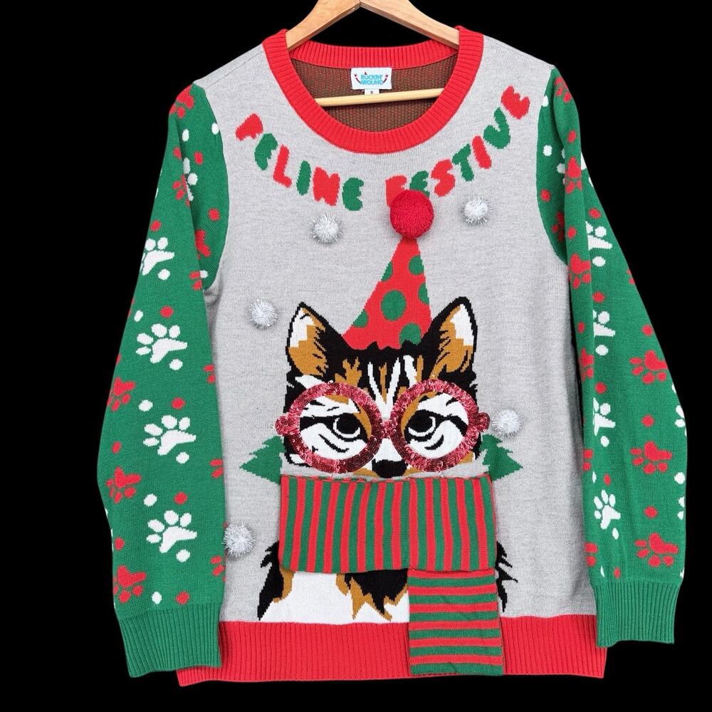 Ugly Christmas Sweater Cat Lady Rockin Around Womens Sz S Light Up Holiday